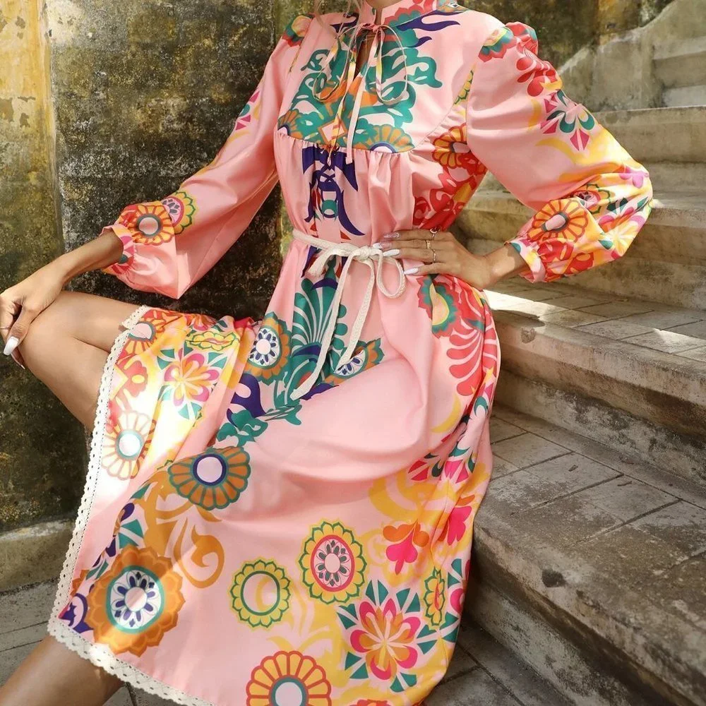 Boho Womens Floral Print Lantern Sleeve Belted midi Dress Pink - Picture 5 of 5